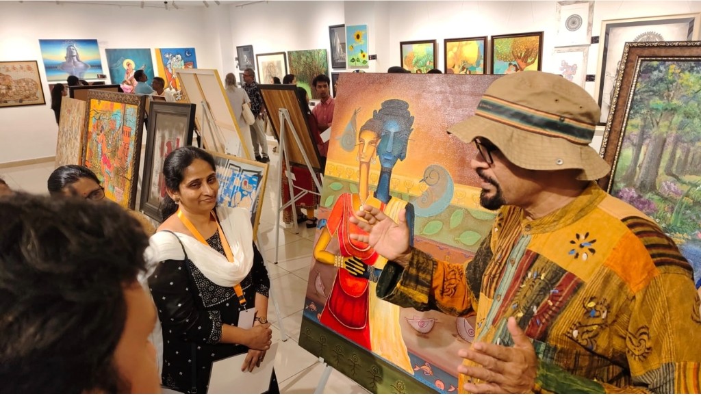 Gallery walkthrough with paintings displayed on easels