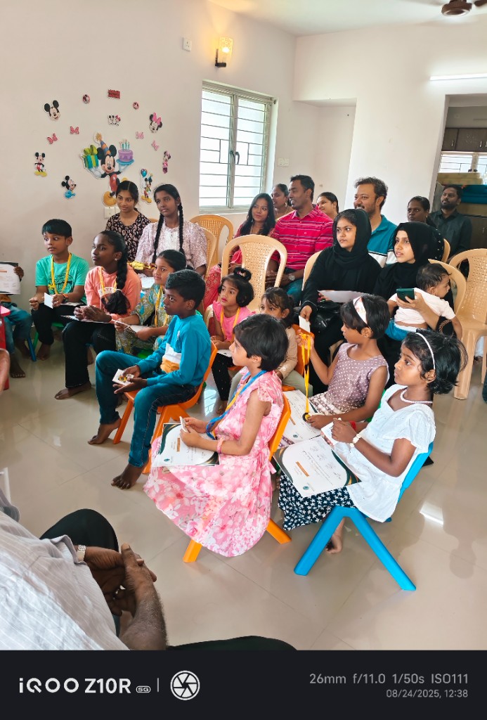 Children and parents attending an art program