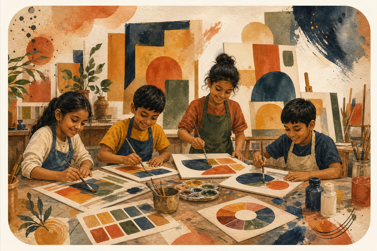 Children learning abstract painting with colors and shapes