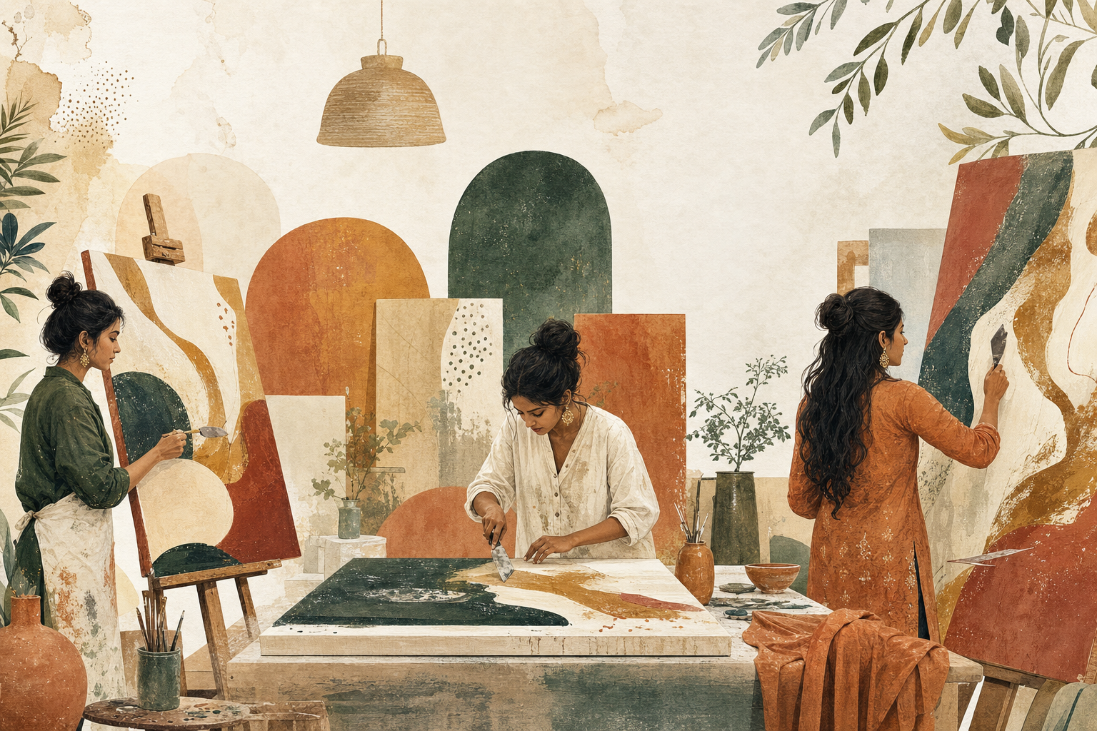 Women artists creating abstract canvas paintings