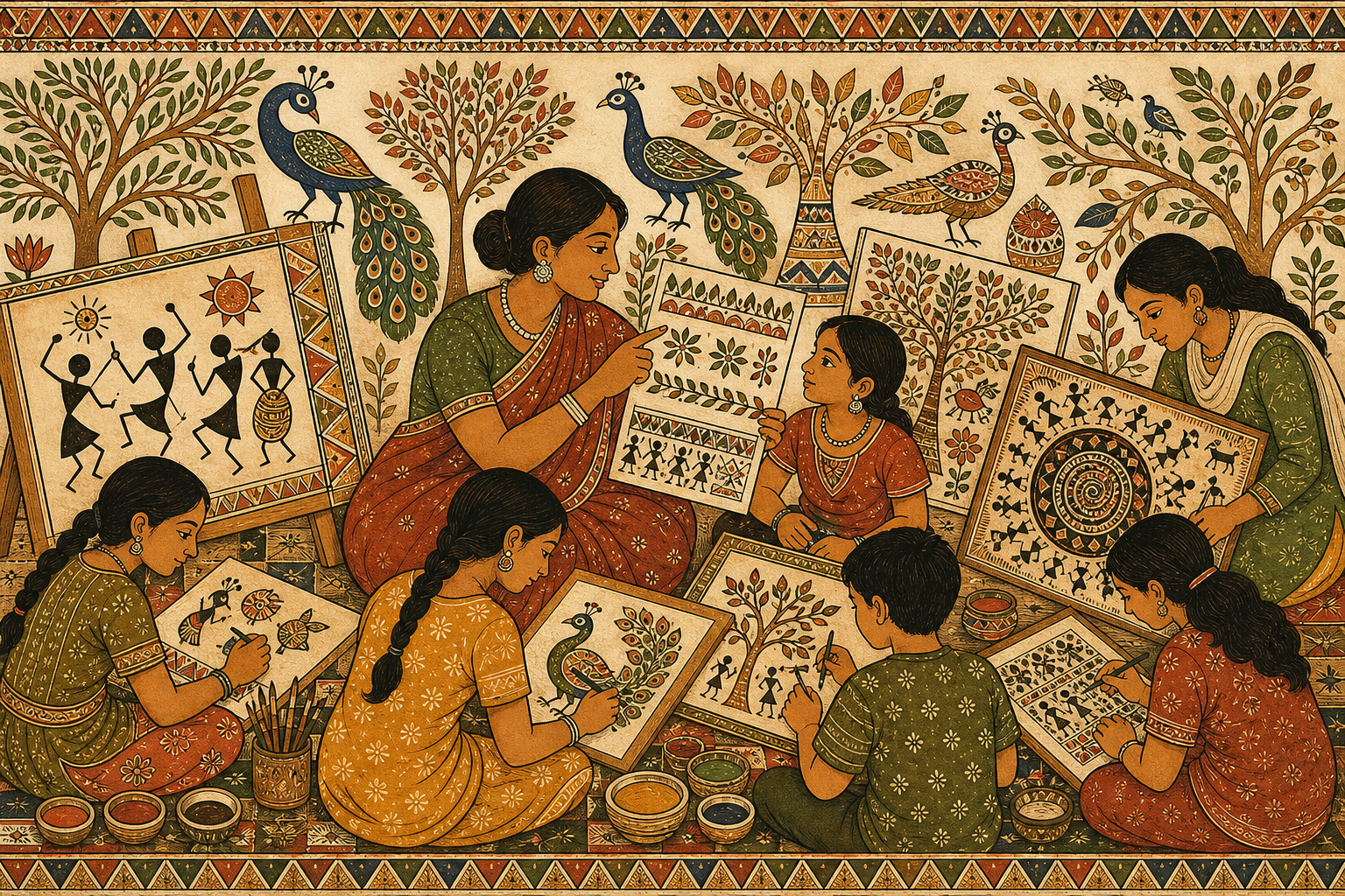 Students learning Madhubani and Warli folk art patterns