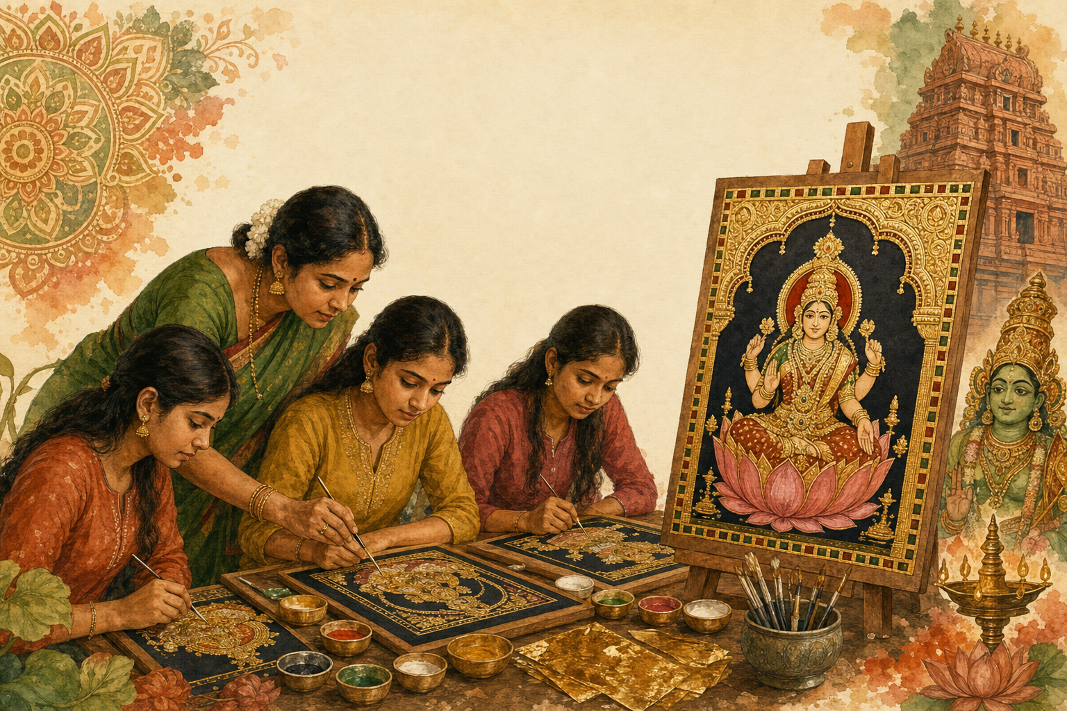 Students learning Tanjore painting with gold detailing