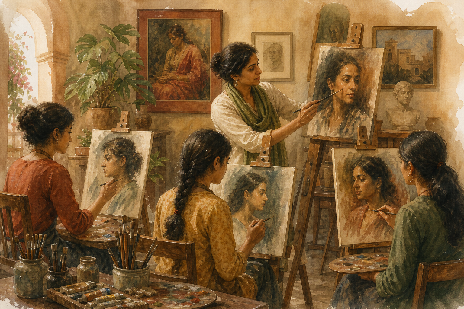 Women learners studying oil portrait painting techniques