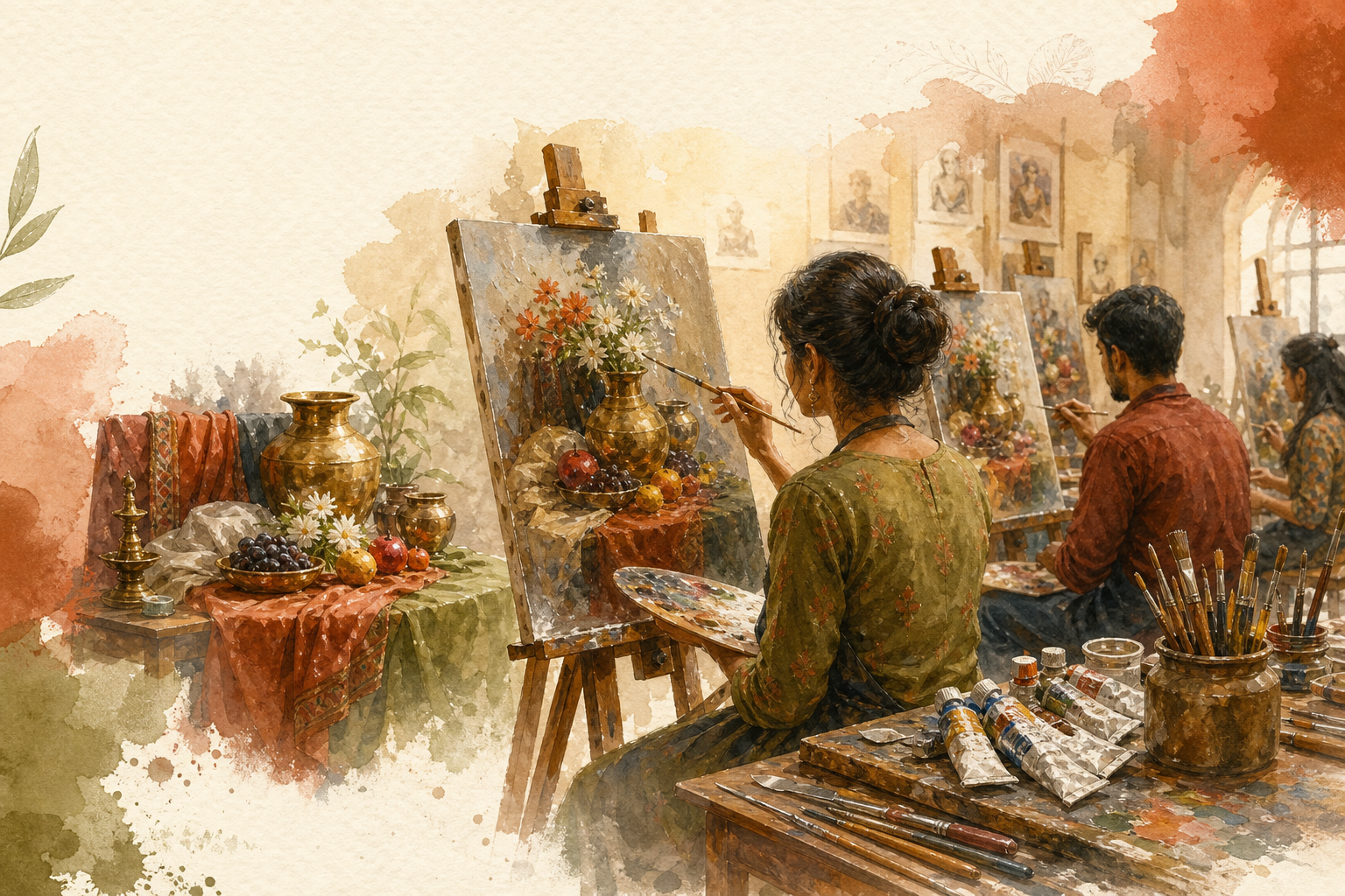 Students practicing oil painting with still life subjects