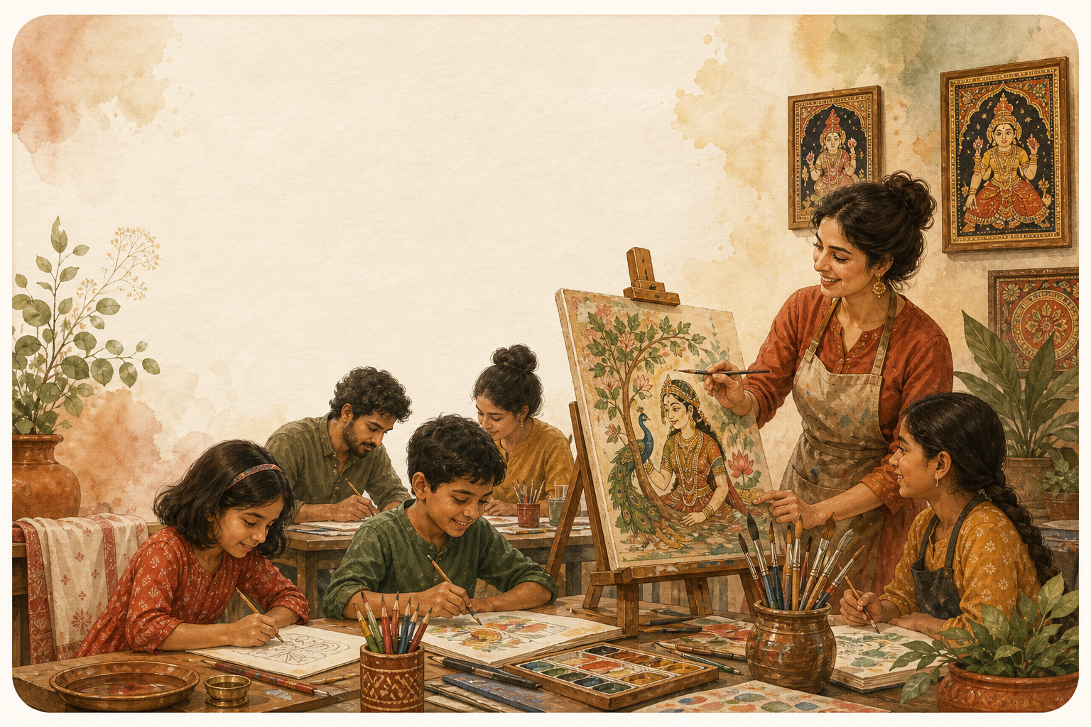 Students and instructor learning painting in an art studio