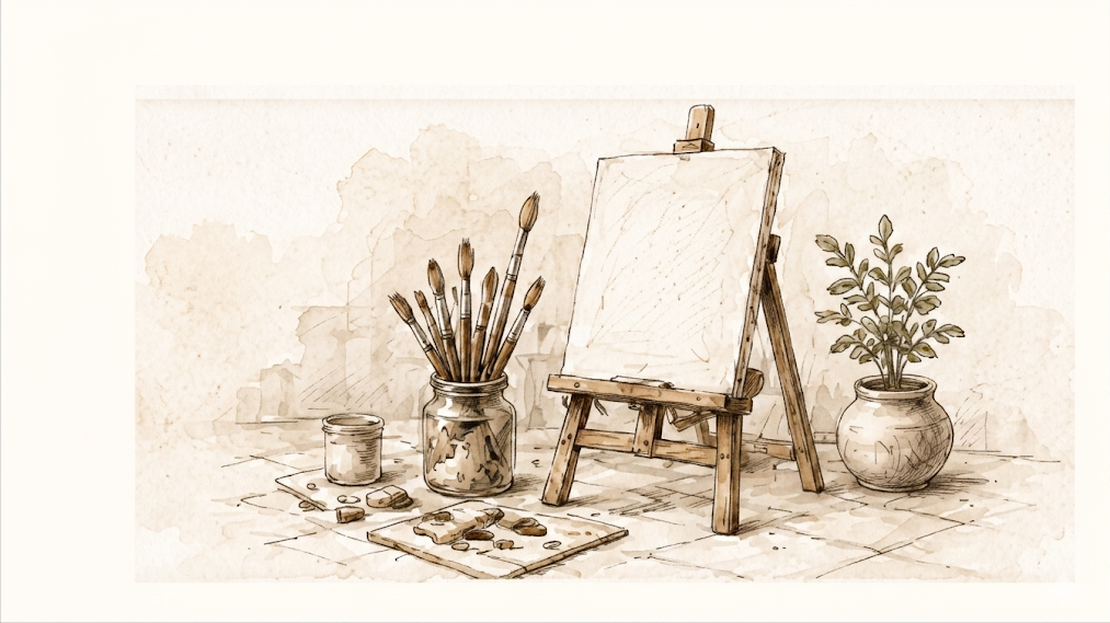 Watercolour illustration of an artist studio with easel, brushes, and palette