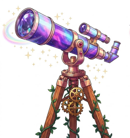 Illustration of a magical telescope with galaxy lens on a wooden tripod