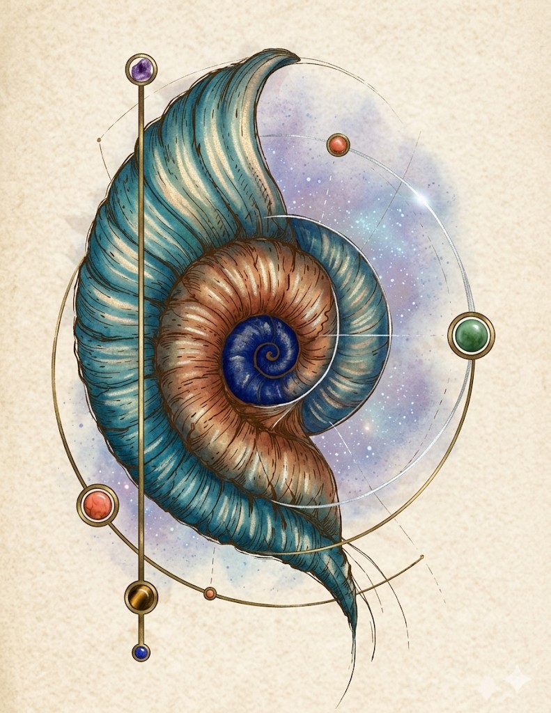 Illustrated nautilus shell with celestial geometry